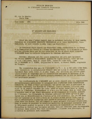 Les Cahiers de l'Alliance Israélite Universelle (Paix et Droit).  N°08 (01 juin 1946)